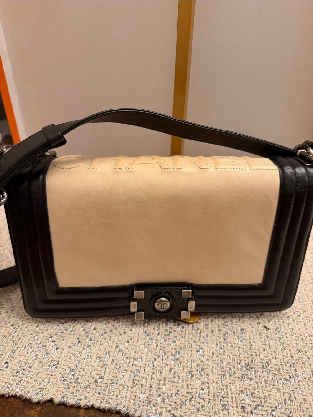 CHANEL Two-Tone Boy Shoulder Bag — Black and Cream